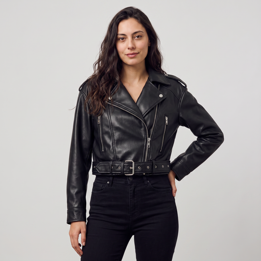 Women's Classic Leather Cropped Biker Jacket with Belt