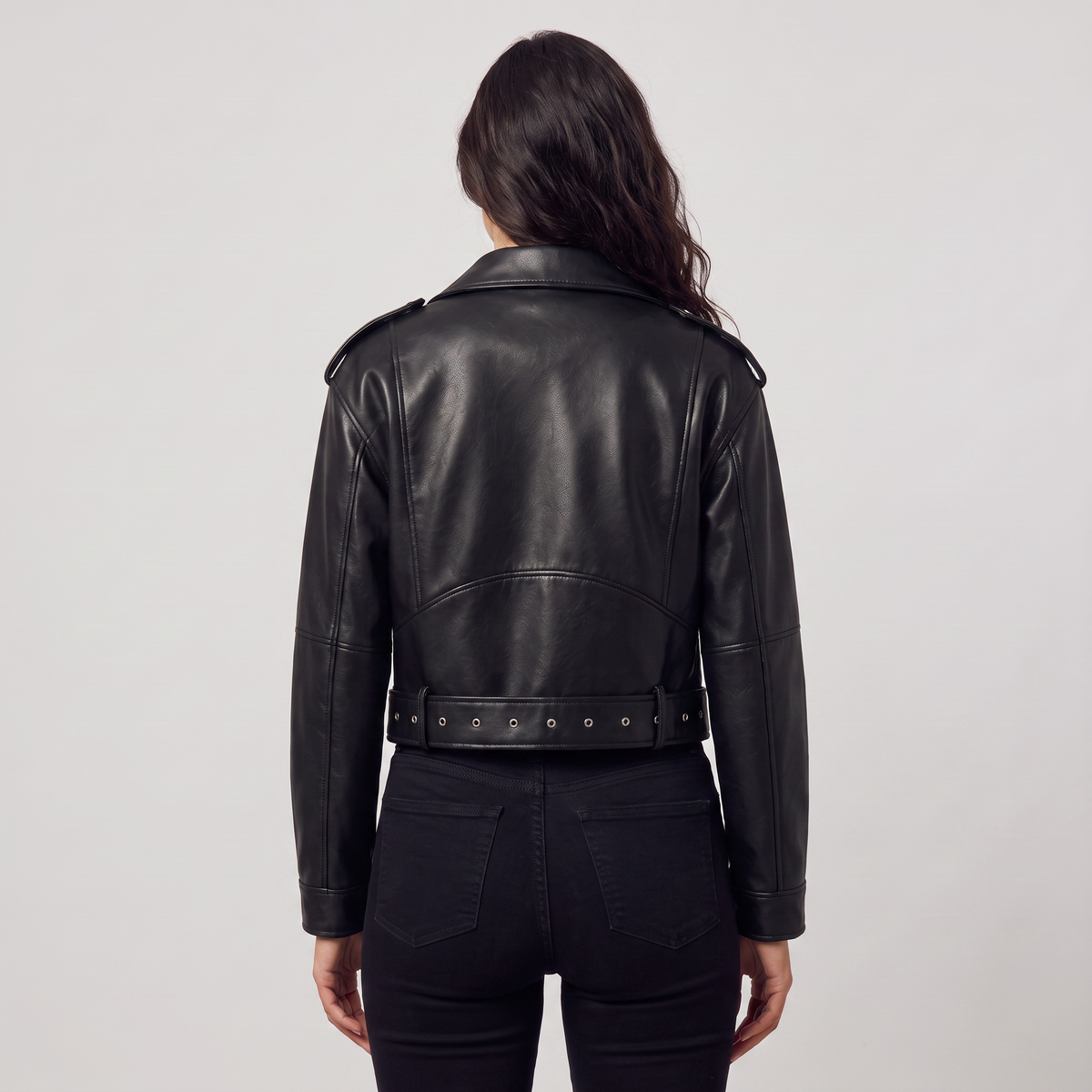 Women's Classic Leather Cropped Biker Jacket with Belt