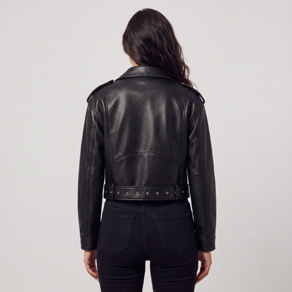 Women's Classic Leather Cropped Biker Jacket with Belt
