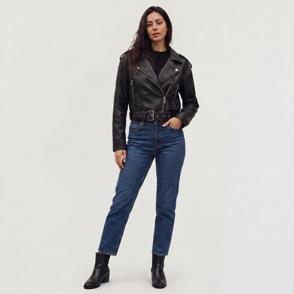 Women's Classic Leather Cropped Biker Jacket with Belt