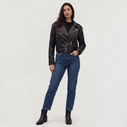 Women's Classic Leather Cropped Biker Jacket with Belt