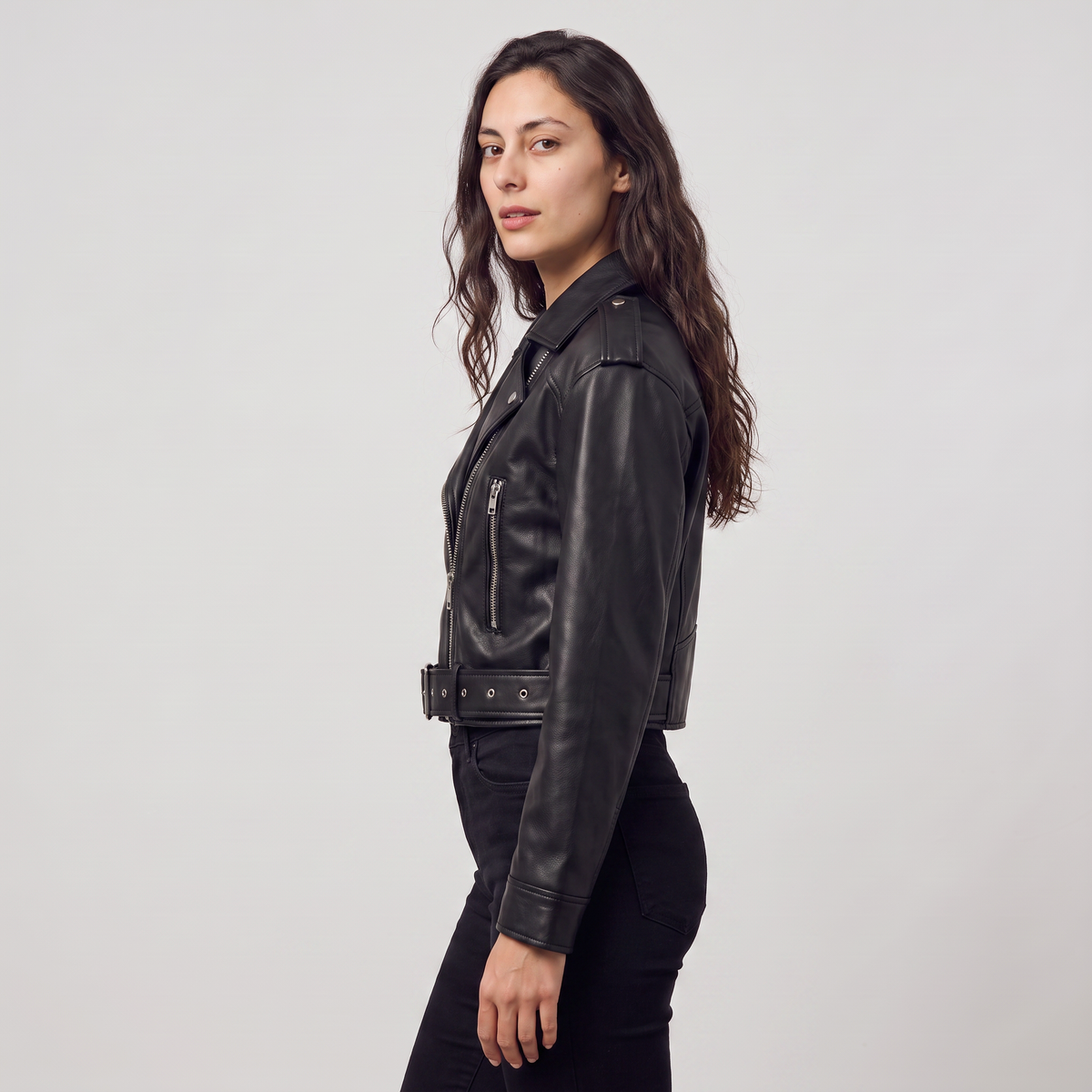 Women's Classic Leather Cropped Biker Jacket with Belt