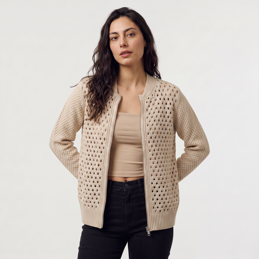 Women's Casual Hollow-Knit Zip-Front Cardigan with Relaxed Fit