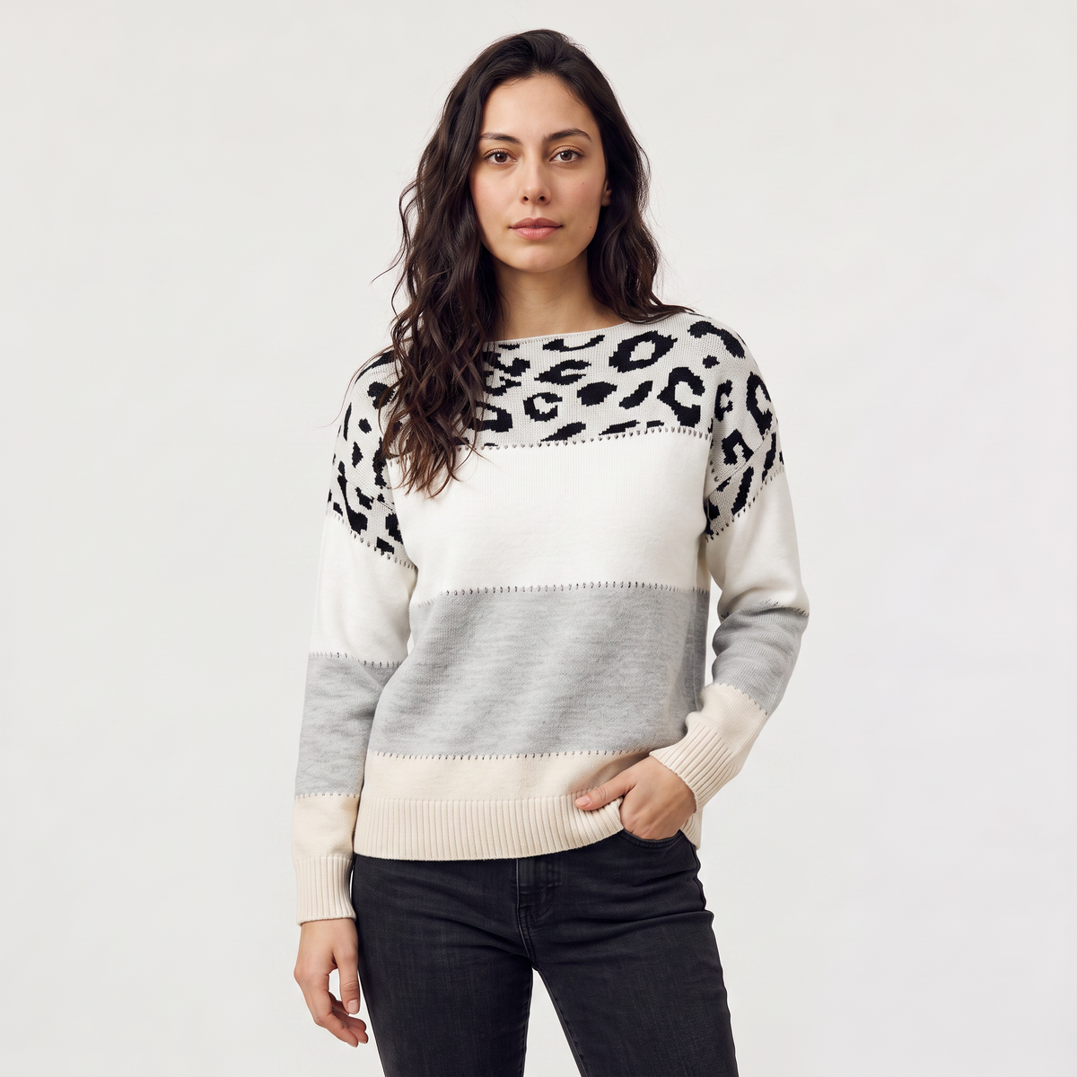 Women's Casual Colour-Block Knit Jumper with Leopard Print