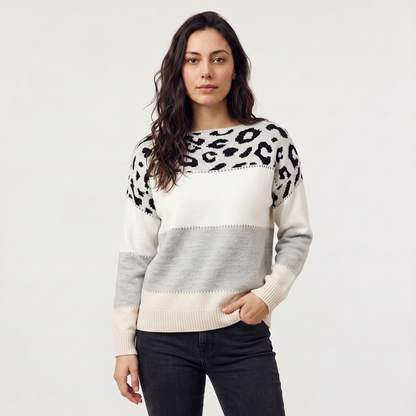 Women's Casual Colour-Block Knit Jumper with Leopard Print