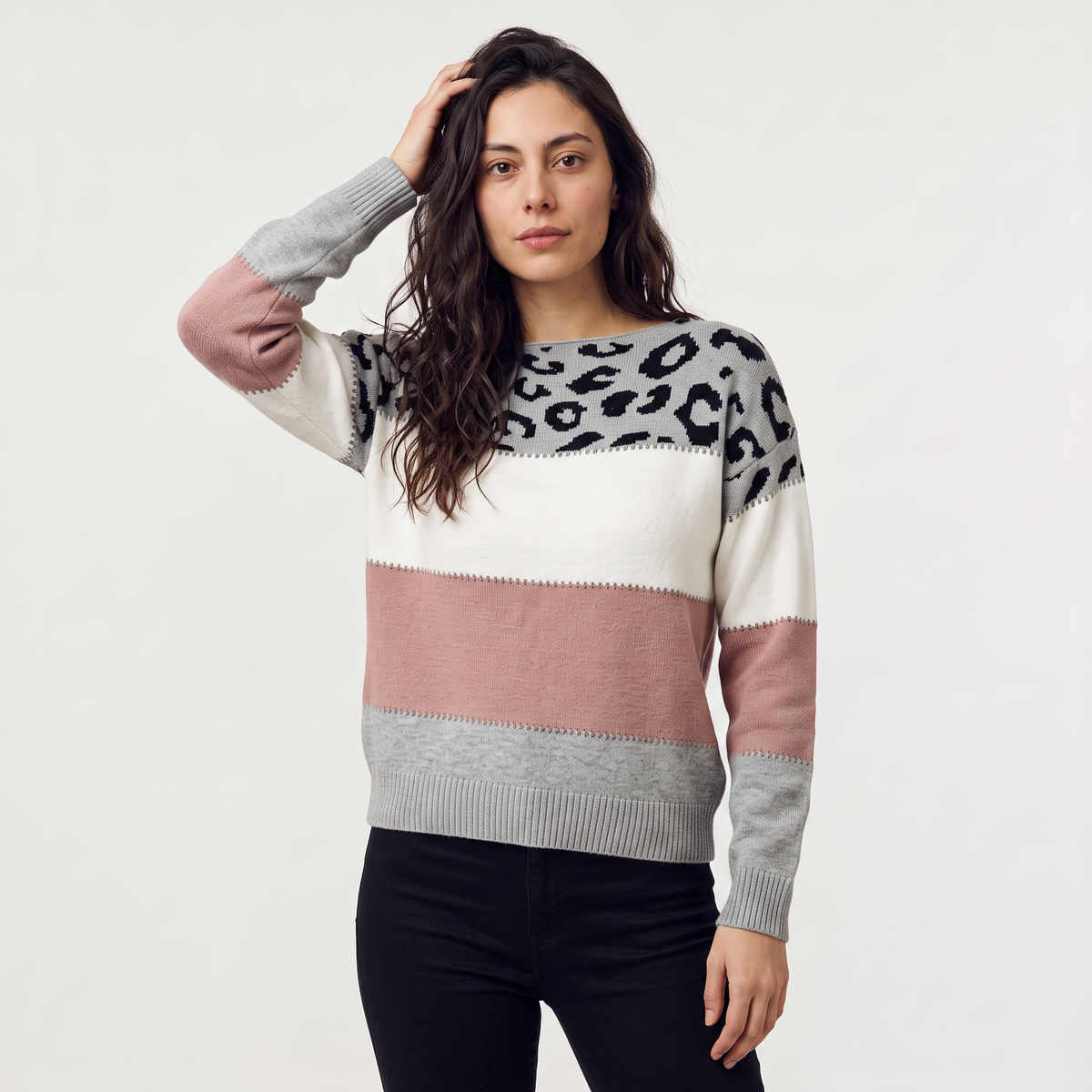 Women's Casual Colour-Block Knit Jumper with Leopard Print