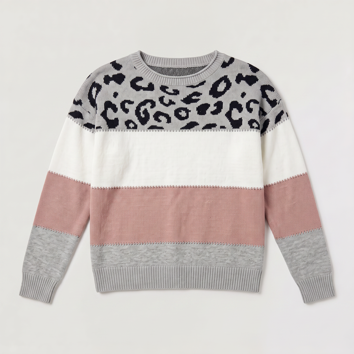 Women's Casual Colour-Block Knit Jumper with Leopard Print