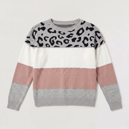 Women's Casual Colour-Block Knit Jumper with Leopard Print