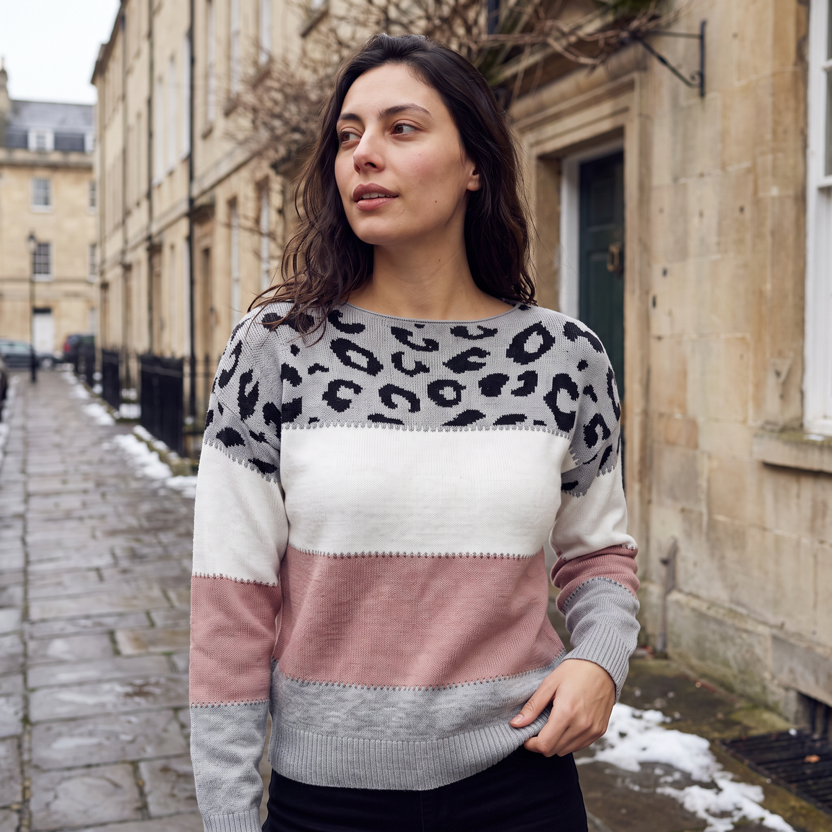 Women's Casual Colour-Block Knit Jumper with Leopard Print