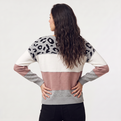 Women's Casual Colour-Block Knit Jumper with Leopard Print