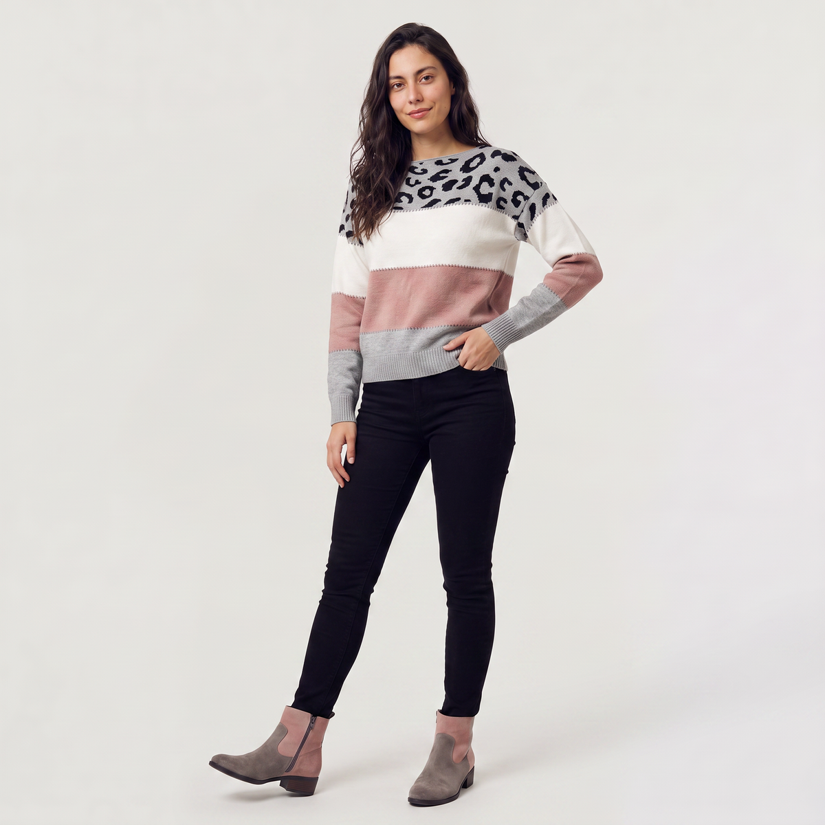 Women's Casual Colour-Block Knit Jumper with Leopard Print
