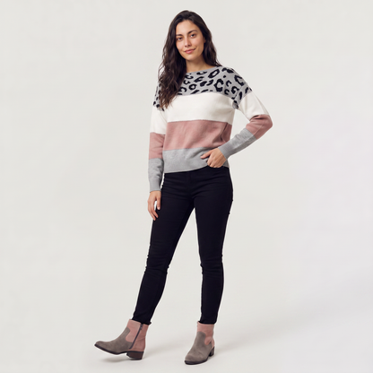 Women's Casual Colour-Block Knit Jumper with Leopard Print