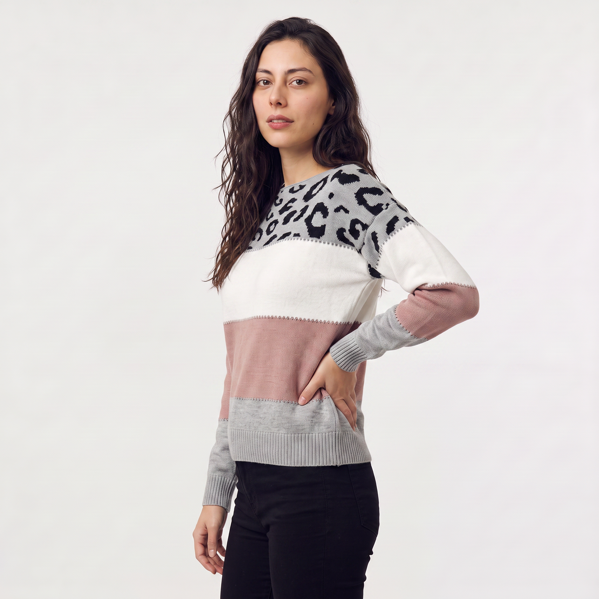 Women's Casual Colour-Block Knit Jumper with Leopard Print
