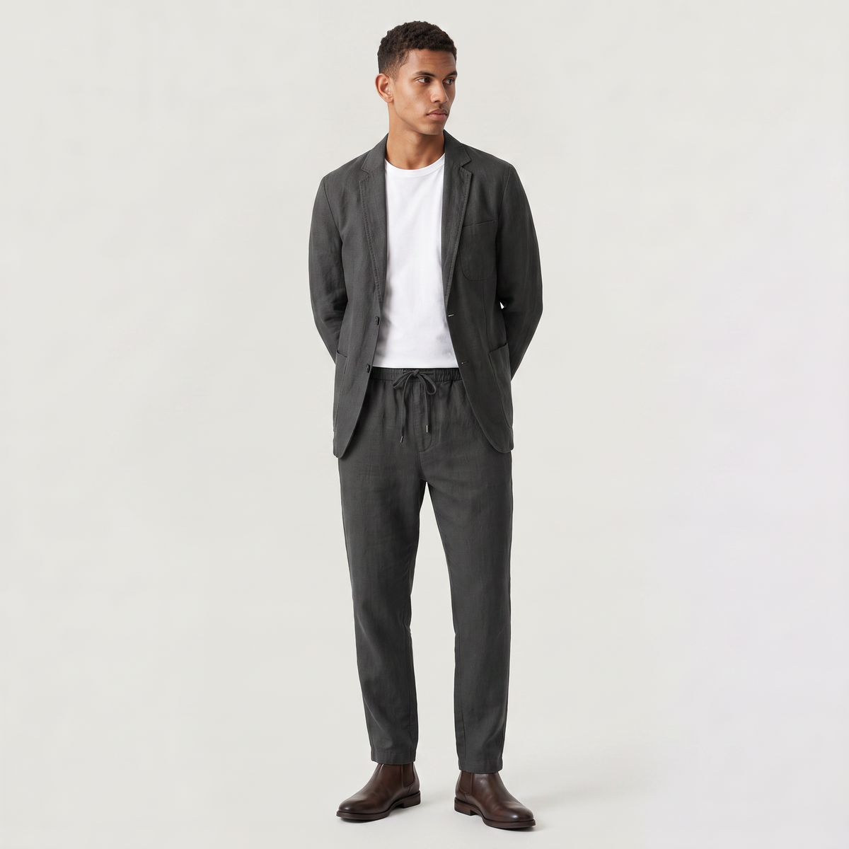 Men's Casual Wool Blend Blazer and Drawstring Trousers Set
