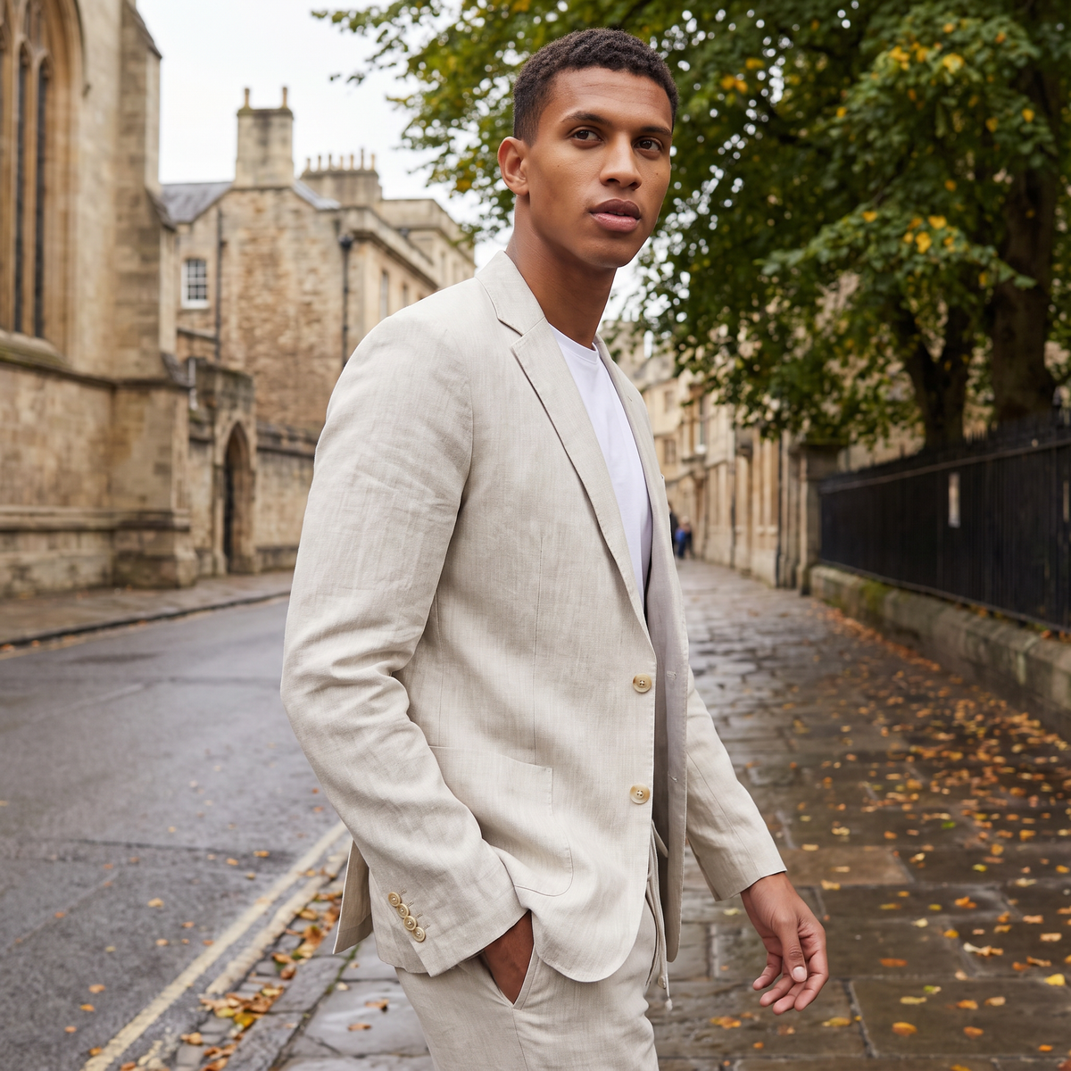 Men's Casual Wool Blend Blazer and Drawstring Trousers Set
