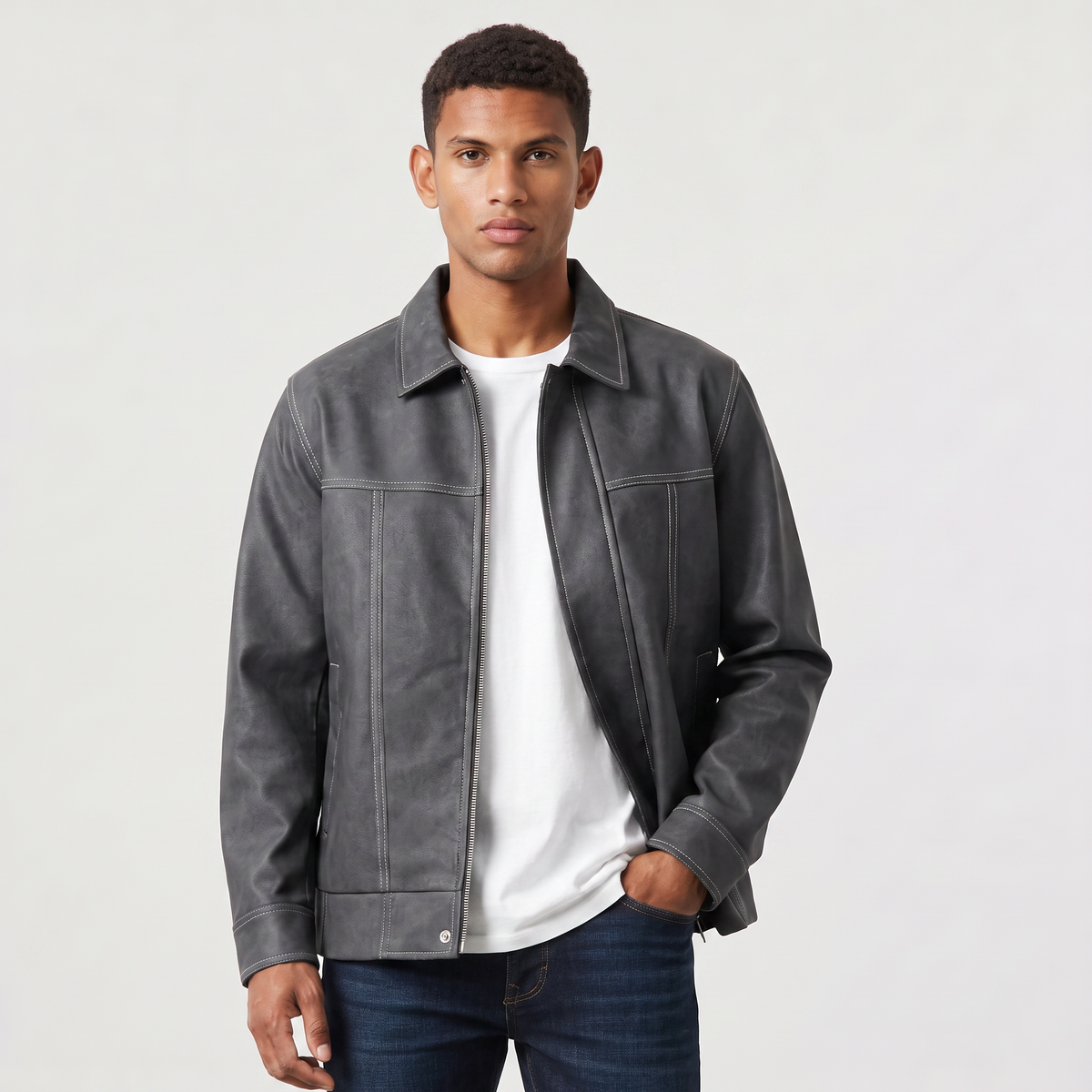 Men's Casual Leather-Look Zip-Up Jacket