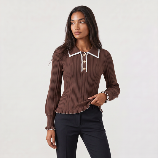 Women's Fitted Ribbed Knit Polo Jumper