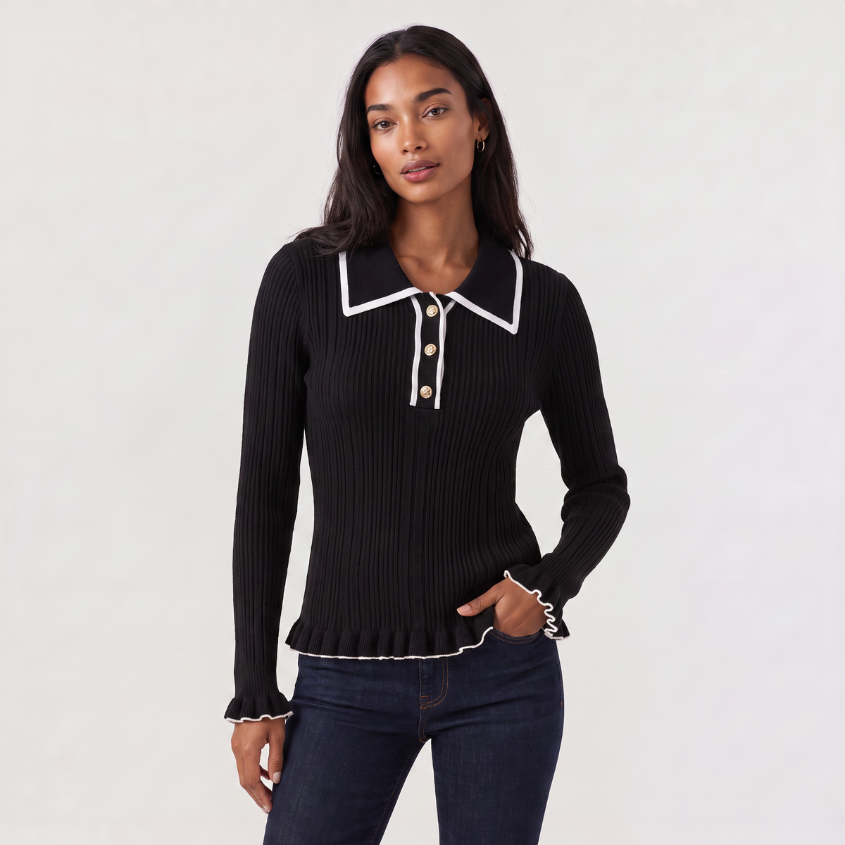 Women's Fitted Ribbed Knit Polo Jumper