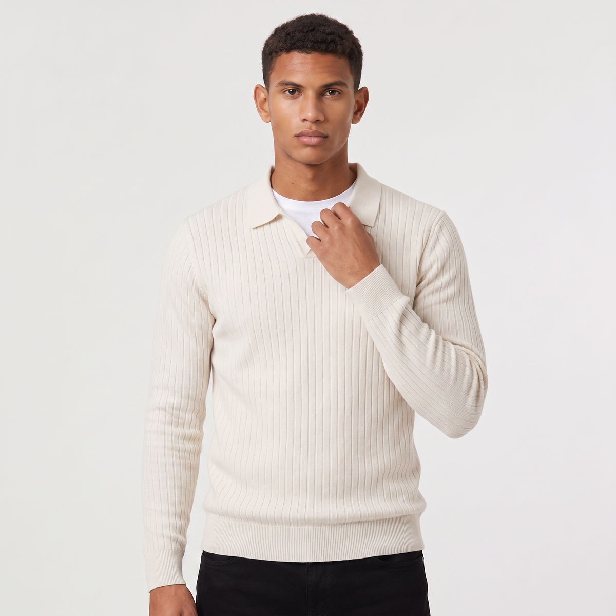 Men's Classic Ribbed Knit Polo Sweater