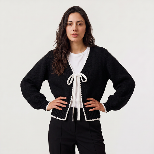 Women's Casual Knit Cardigan with Scalloped Trim and Tie Front