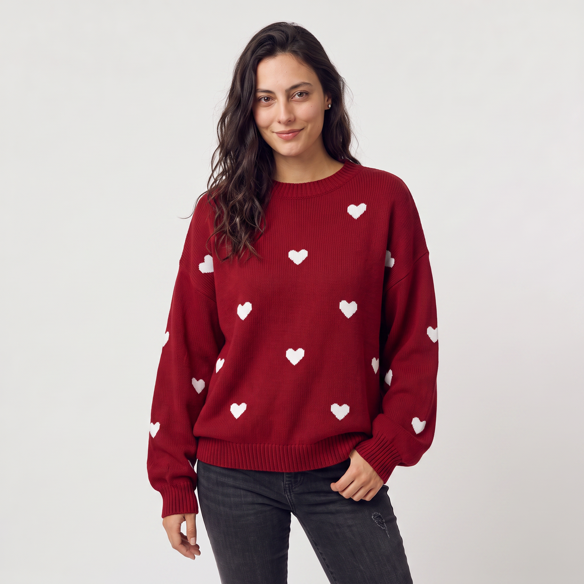 Women's Casual Knitted Heart Pattern Drop Shoulder Jumper