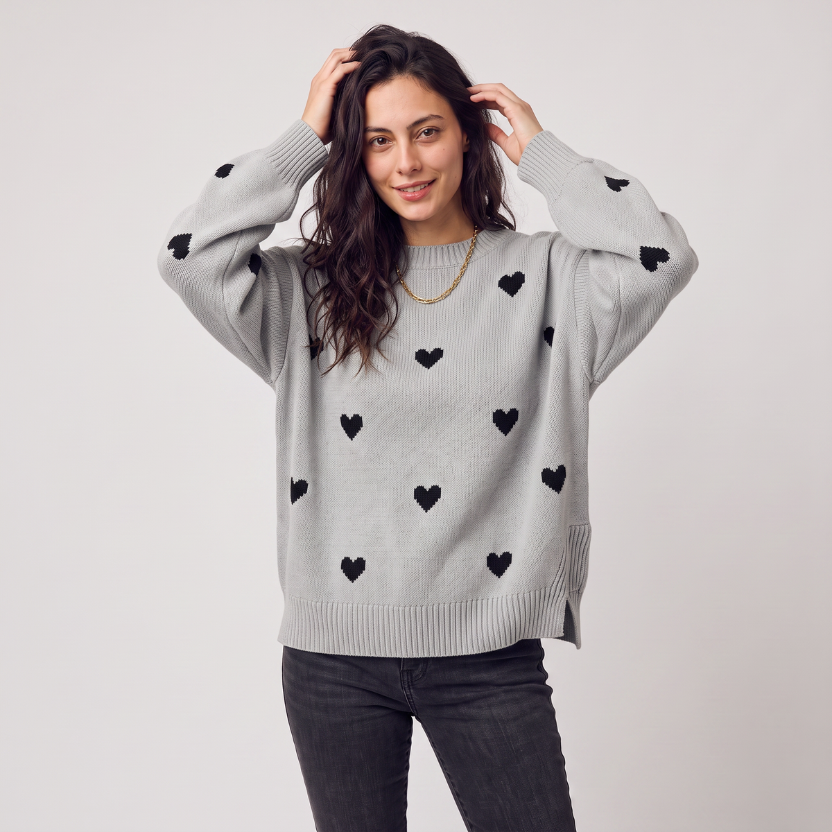 Women's Casual Knitted Heart Pattern Drop Shoulder Jumper