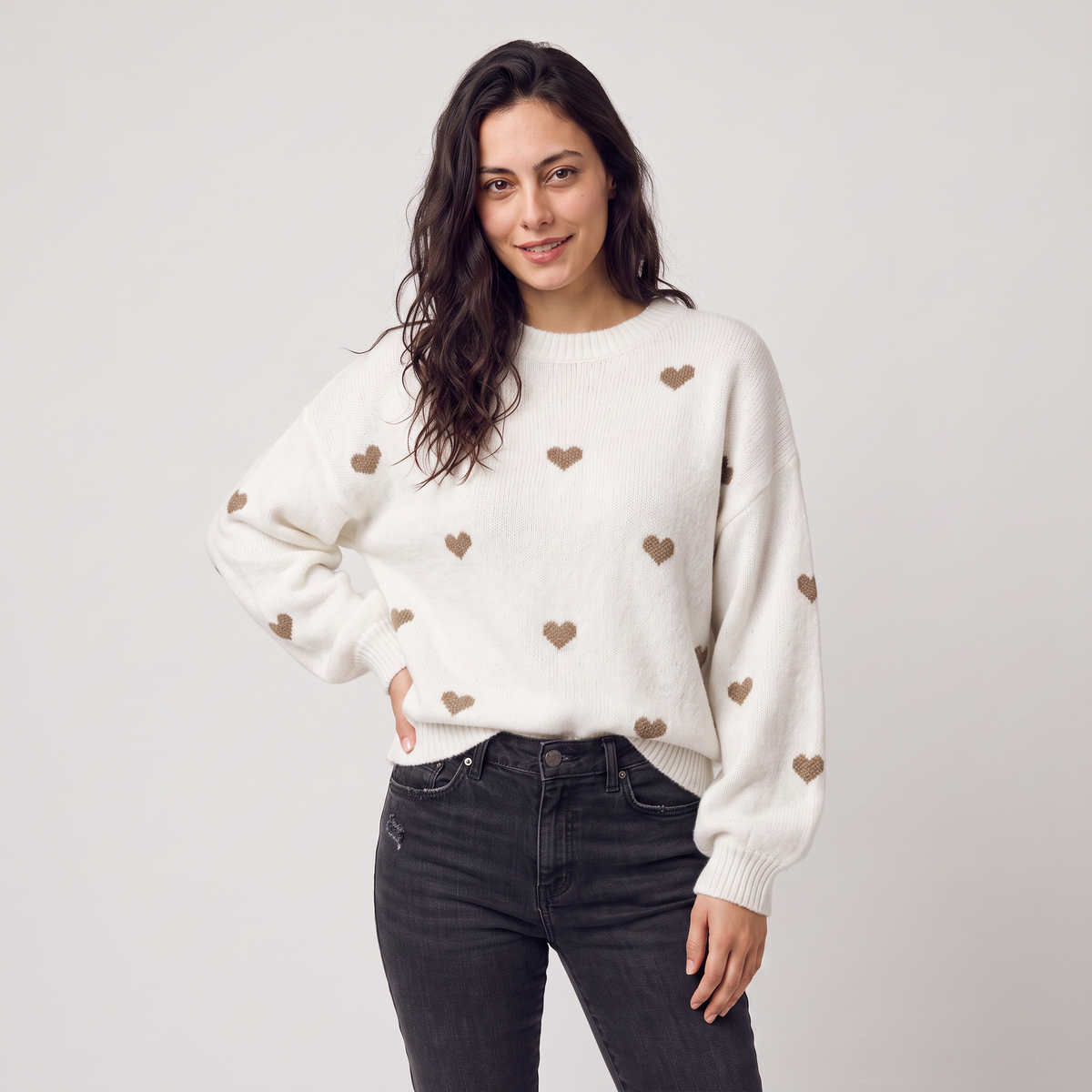 Women's Casual Knitted Heart Pattern Drop Shoulder Jumper