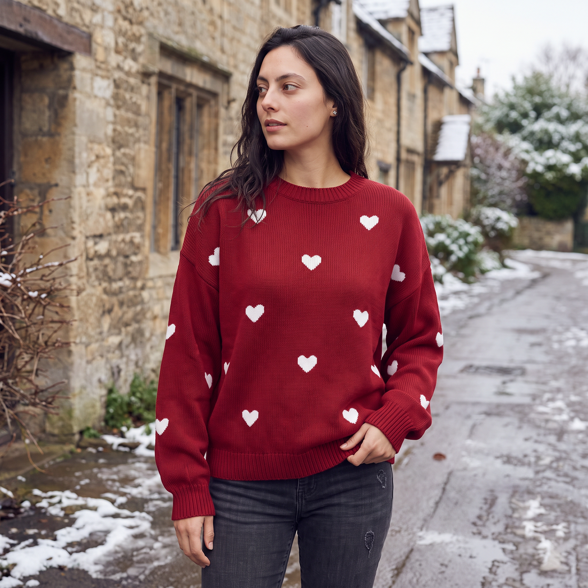 Women's Casual Knitted Heart Pattern Drop Shoulder Jumper