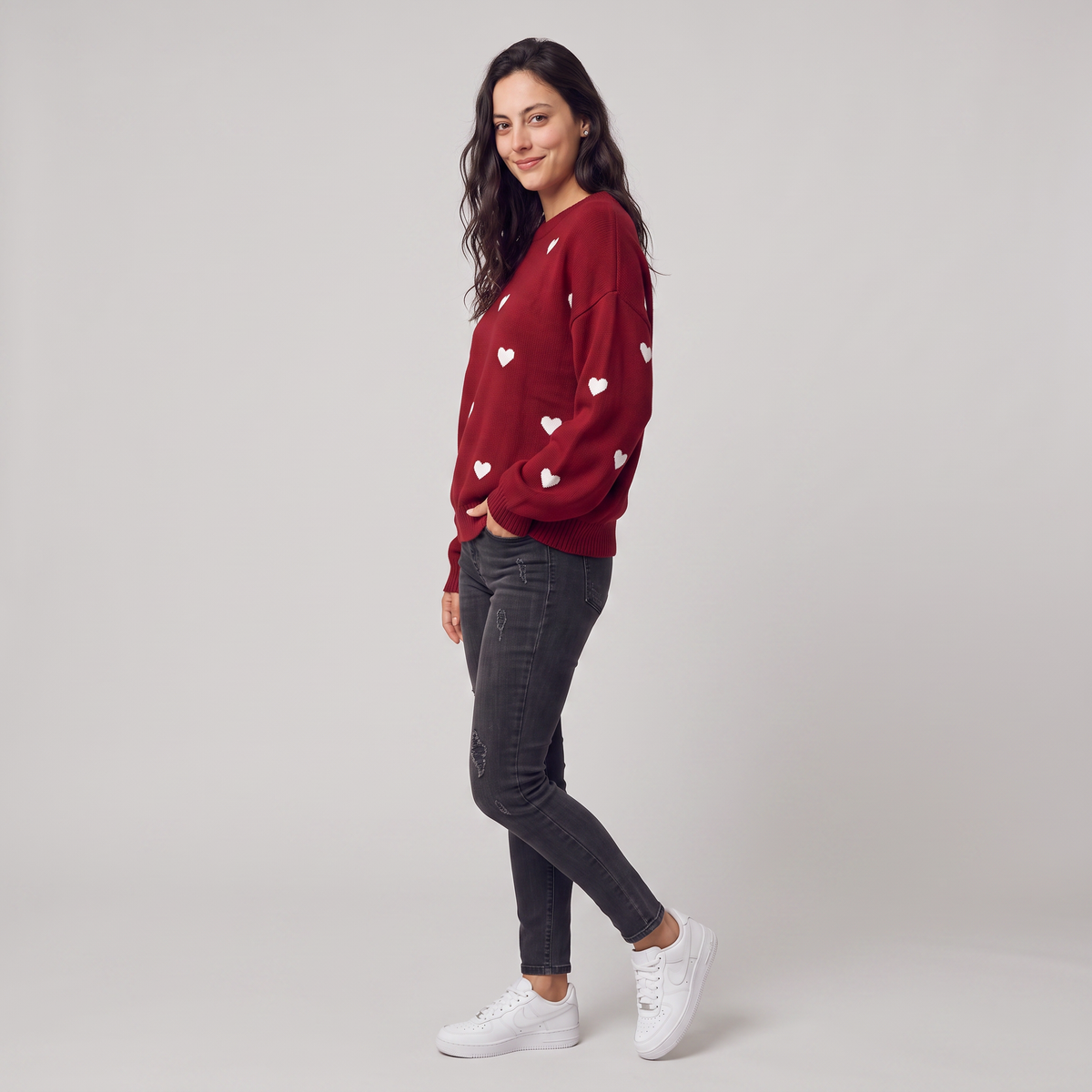 Women's Casual Knitted Heart Pattern Drop Shoulder Jumper