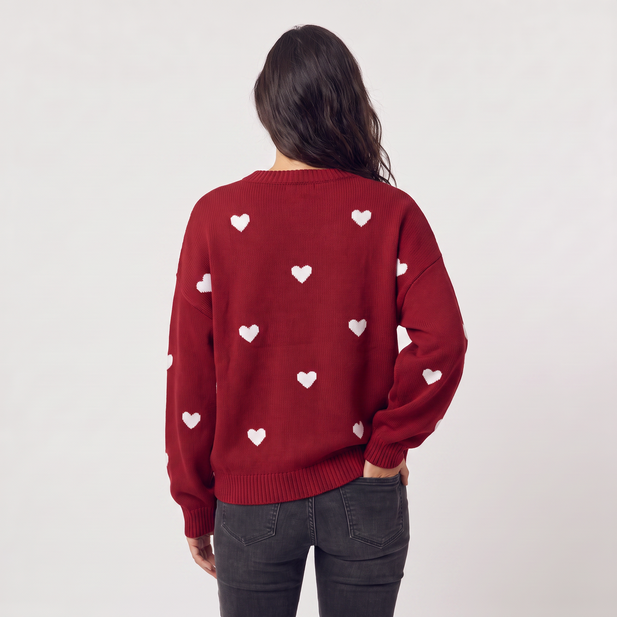 Women's Casual Knitted Heart Pattern Drop Shoulder Jumper