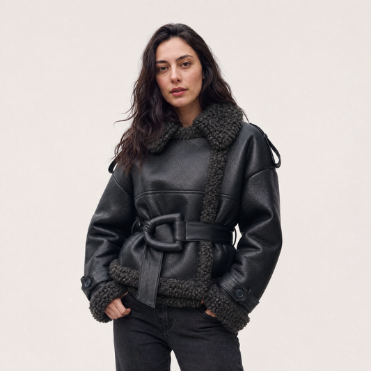 Women's Casual Leather Belted Aviator Short Jacket