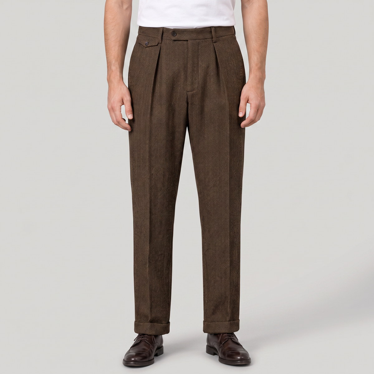Men's Classic Herringbone Pleated Straight Leg Trousers