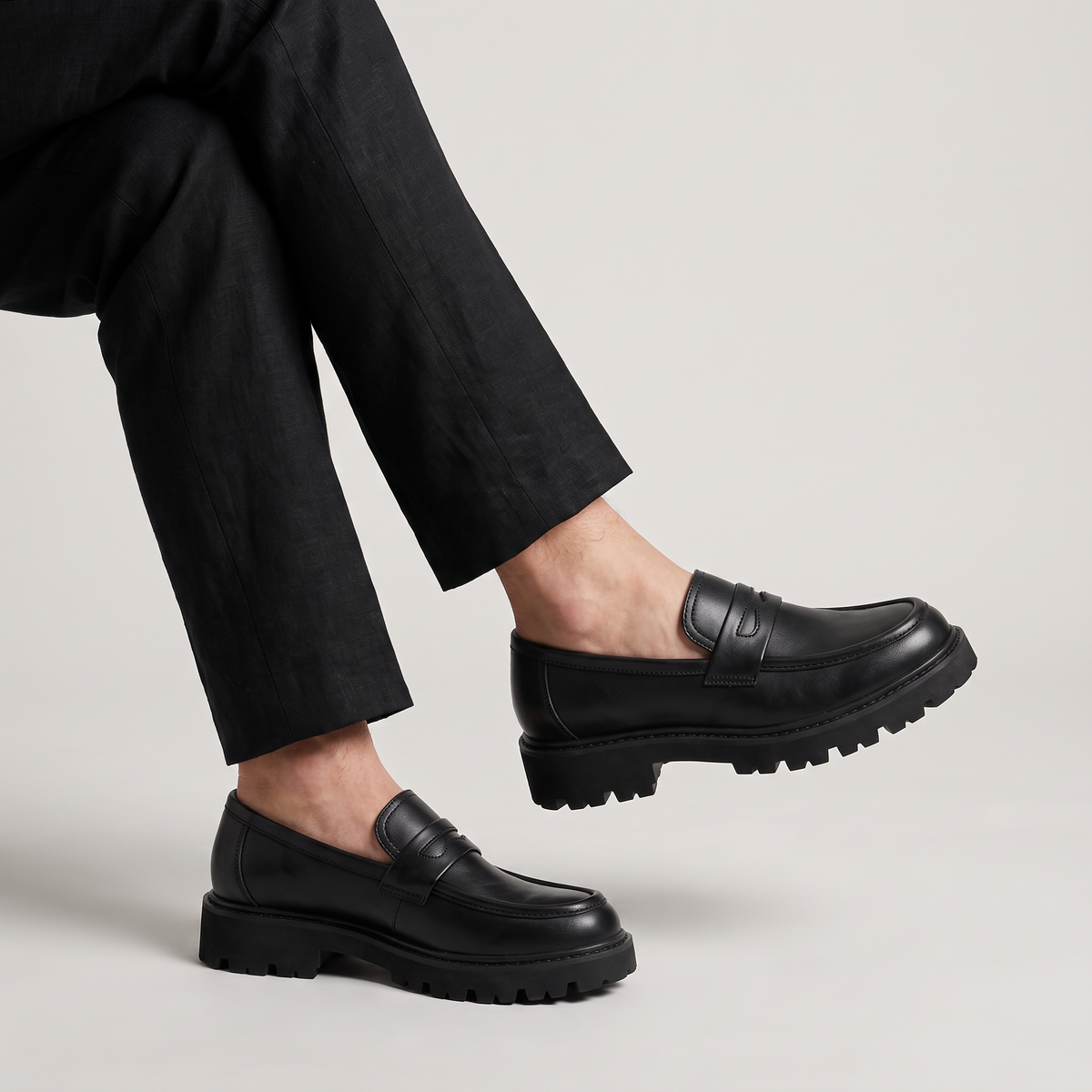 Men's Casual Leather Penny Loafers with Lug Sole