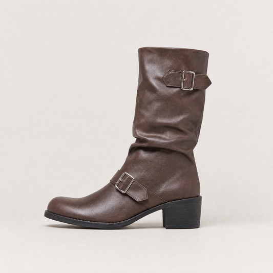 Women's Stylish Leather Buckle Tall Block Heel Boots