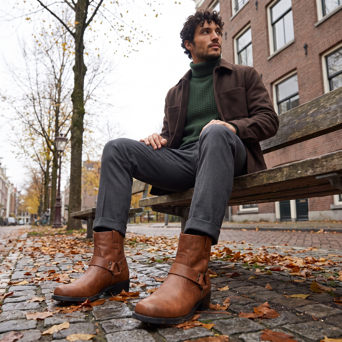 Men's Stylish Leather Harness Strap Ankle Boots