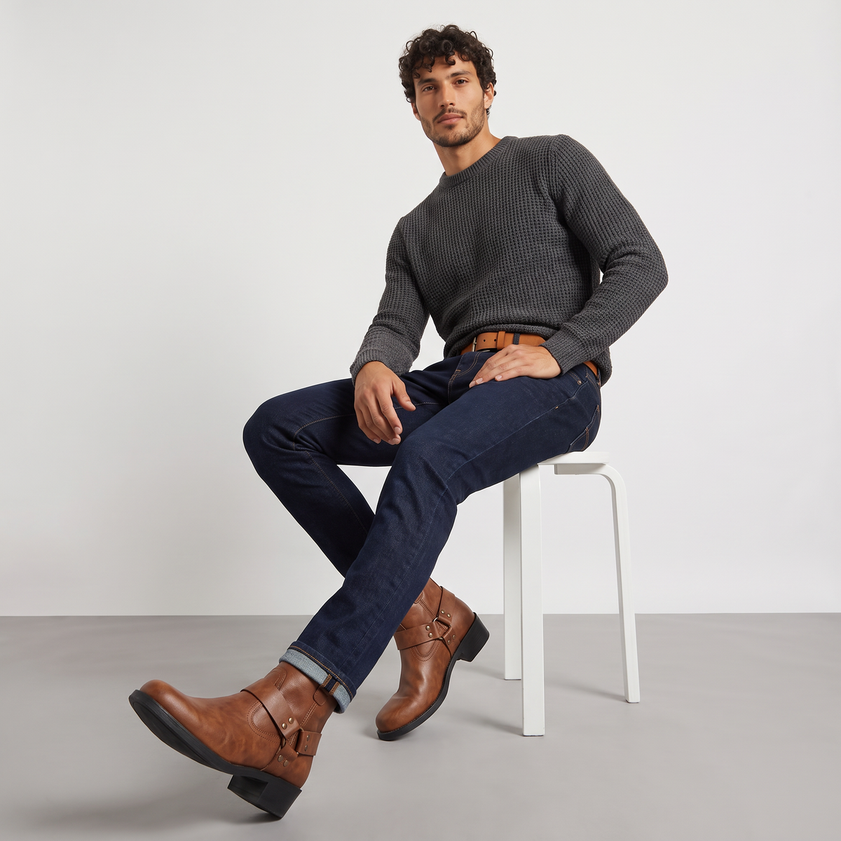 Men's Stylish Leather Harness Strap Ankle Boots