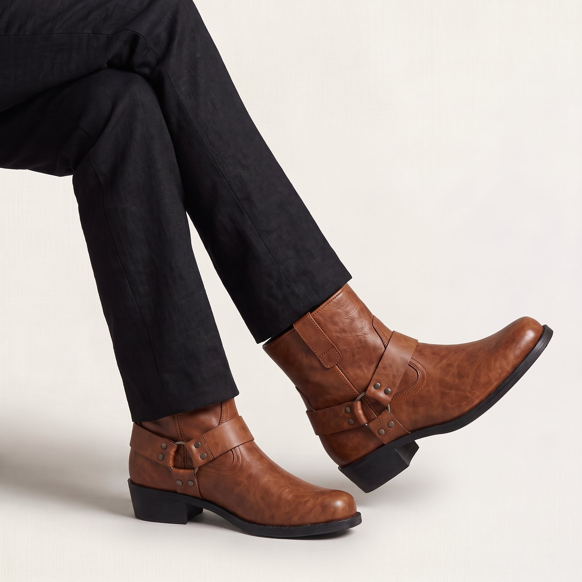 Men's Stylish Leather Harness Strap Ankle Boots