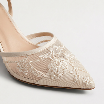 Women's Elegant Mesh Embroidered Pointed Toe Mule Heels