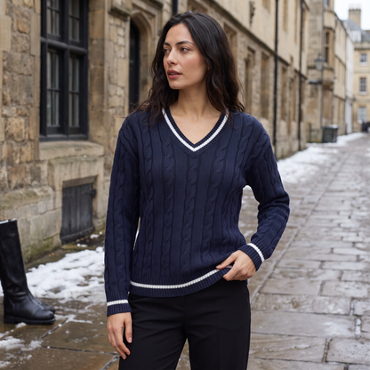 Women's Classic Cable Knit V-Neck Jumper