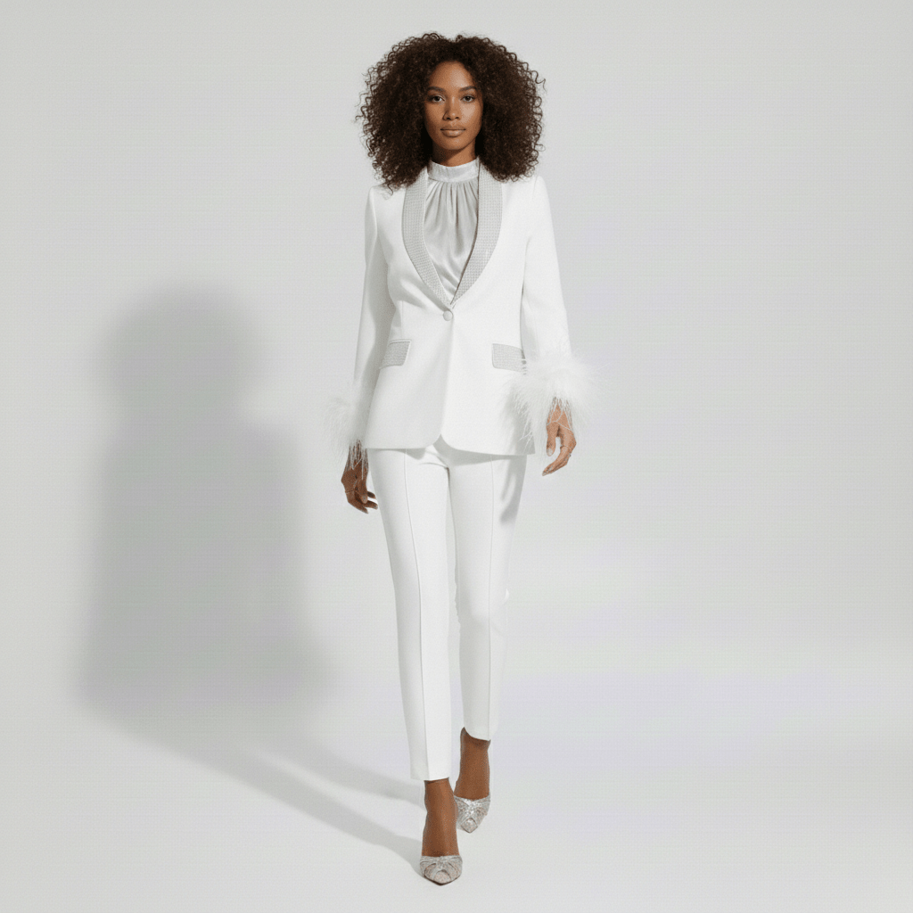 Chic Feather Trim Suit Jacket and Skinny Pants - OutfitLondon