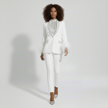 Chic Feather Trim Suit Jacket and Skinny Pants - OutfitLondon