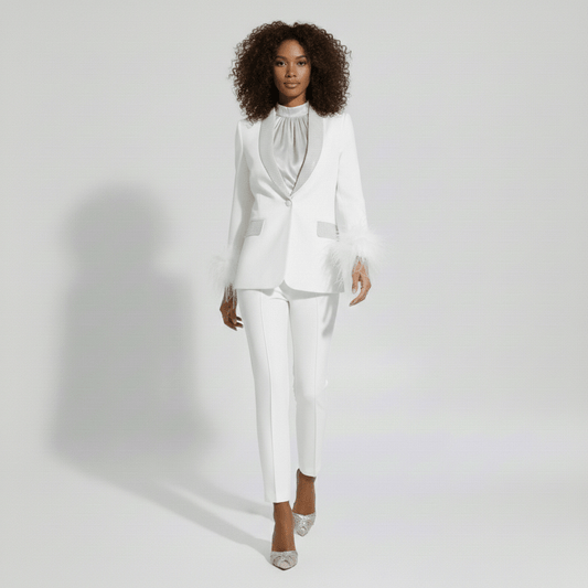 Chic Feather Trim Suit Jacket and Skinny Pants - OutfitLondon