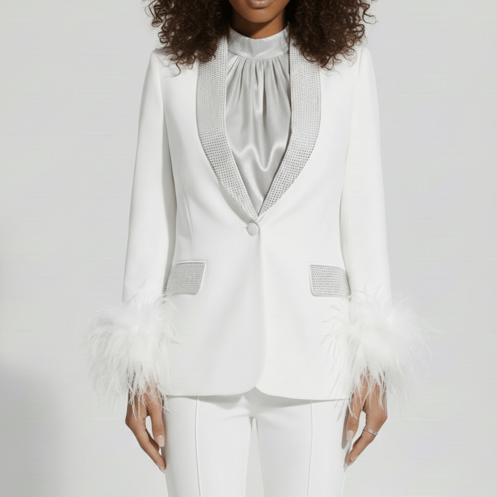 Chic Feather Trim Suit Jacket and Skinny Pants