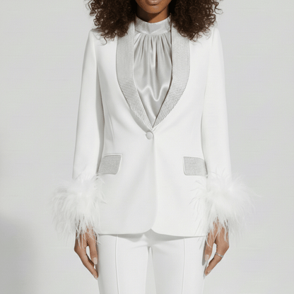 Chic Feather Trim Suit Jacket and Skinny Pants
