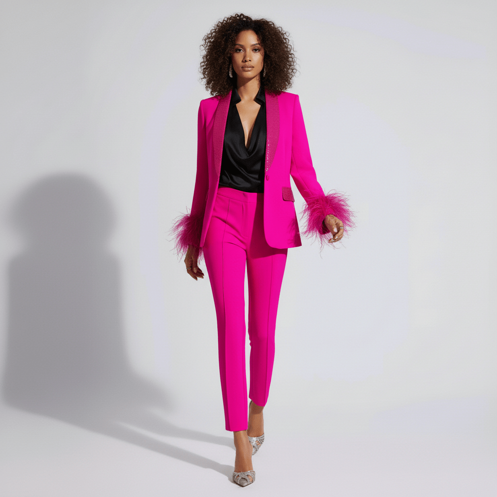 Chic Feather Trim Suit Jacket and Skinny Pants