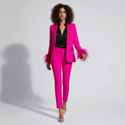Chic Feather Trim Suit Jacket and Skinny Pants