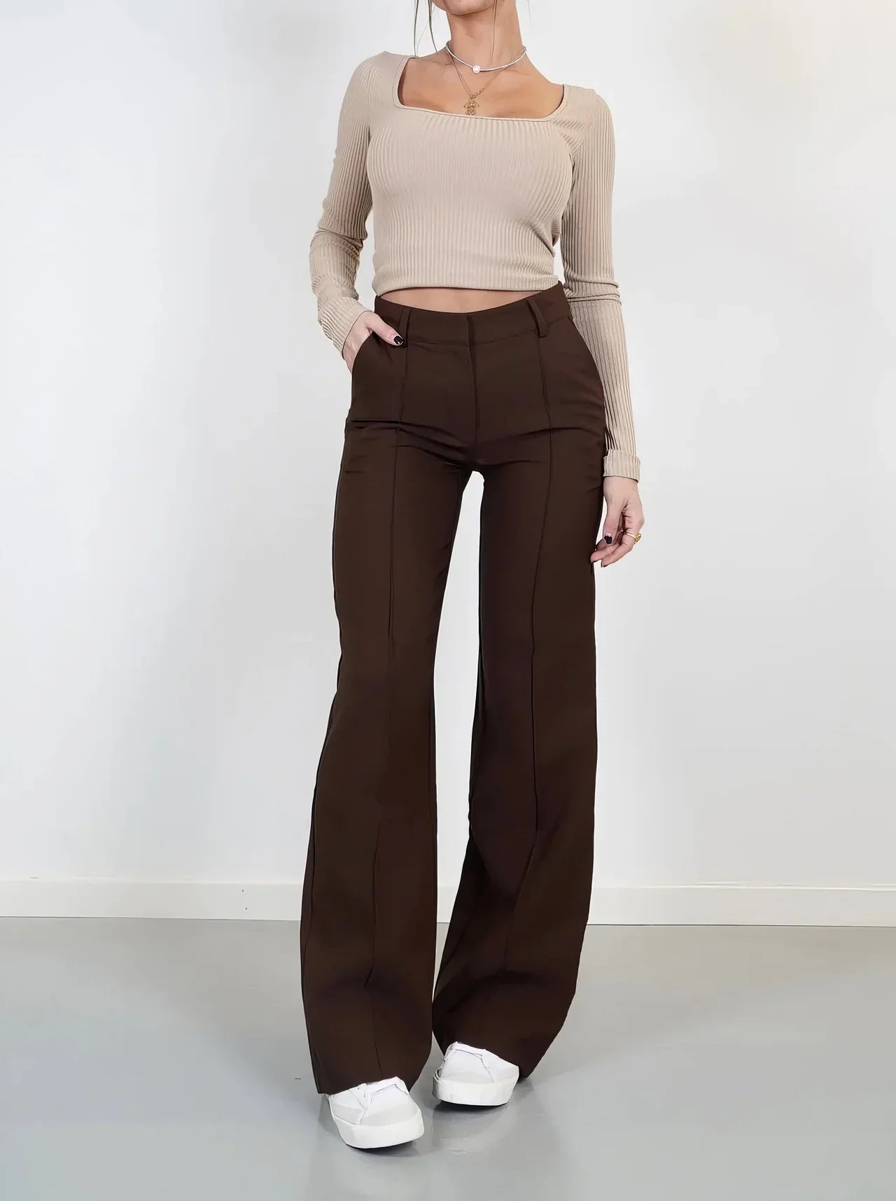 Comfortable High Waisted Wide Leg Women's Trousers - OutfitLondon