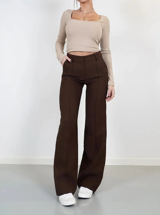 Comfortable High Waisted Wide Leg Women's Trousers - OutfitLondon