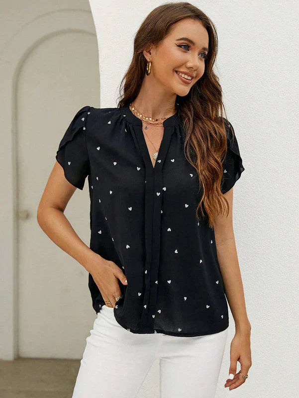 Women's Heart Pattern V Neck Puff Sleeve Top