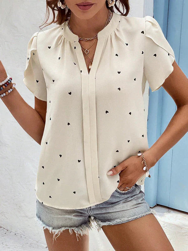 Women's Heart Pattern V Neck Puff Sleeve Top